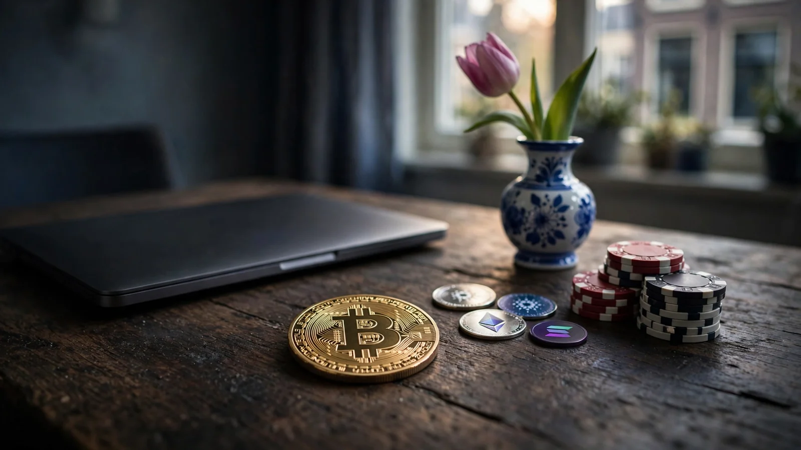 Bitcoin-munt, casinochips en gesloten laptop op een houten tafel met Nederlandse tulp op de achtergrond.