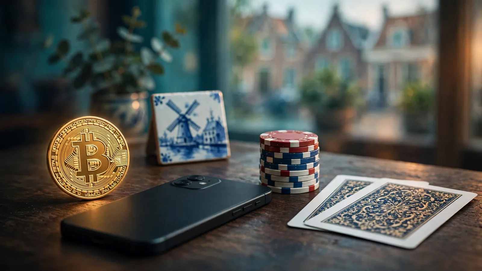 Bitcoin-munt, casino fiches en speelkaarten op een bureau