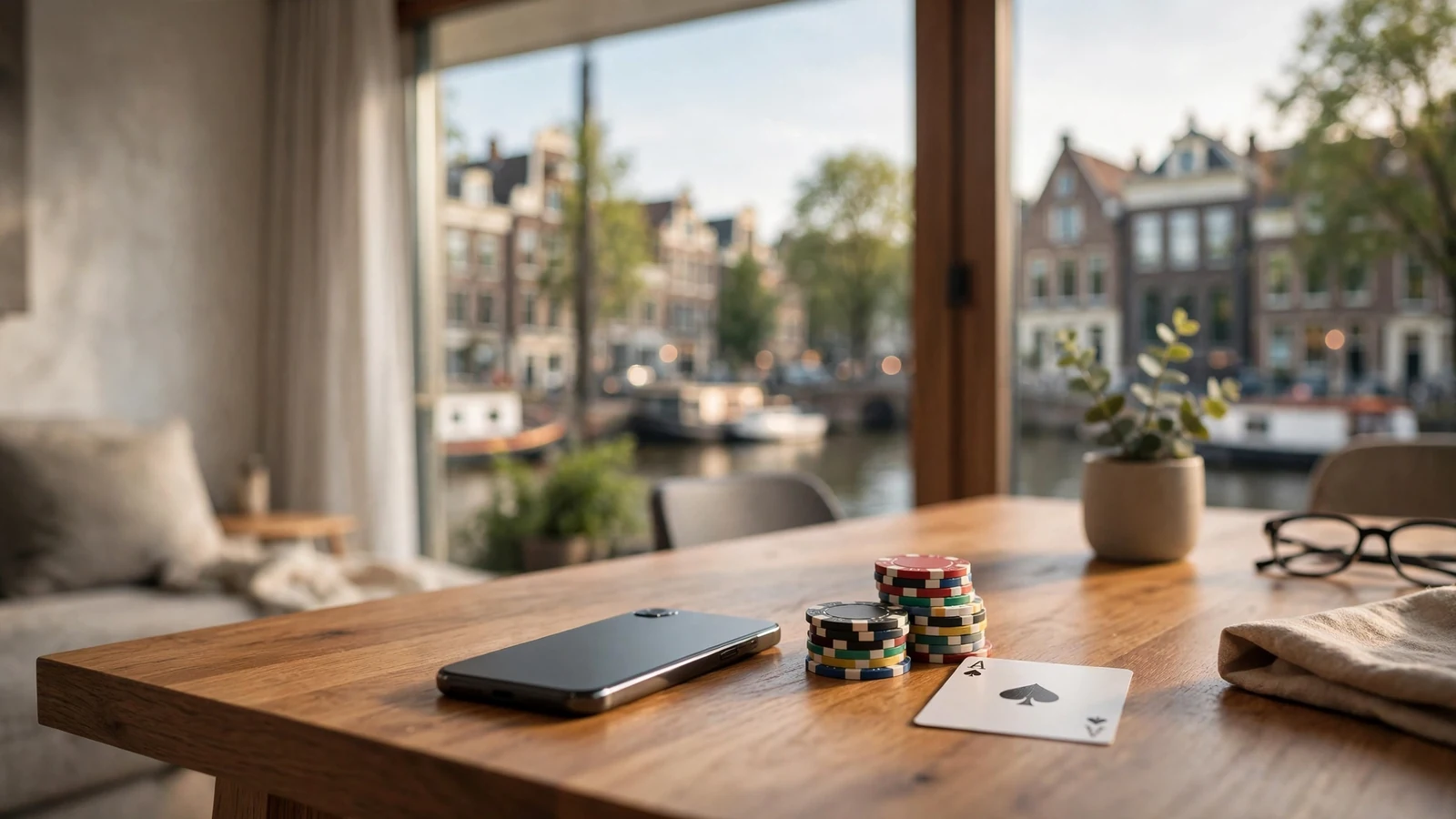 Smartphone, casinofiches en speelkaart op tafel in een modern Amsterdams appartement.