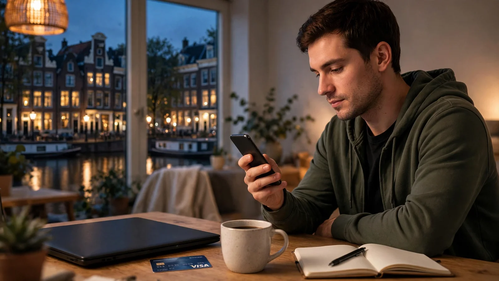 Nederlandse speler bekijkt Visa-betaaloptie thuis in Amsterdam.