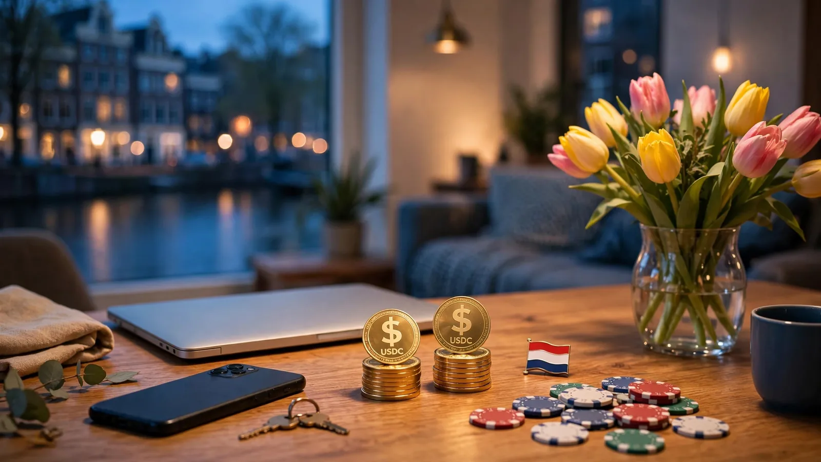 USDC-munten, casinochips en Nederlandse accenten op een tafel bij schemering.