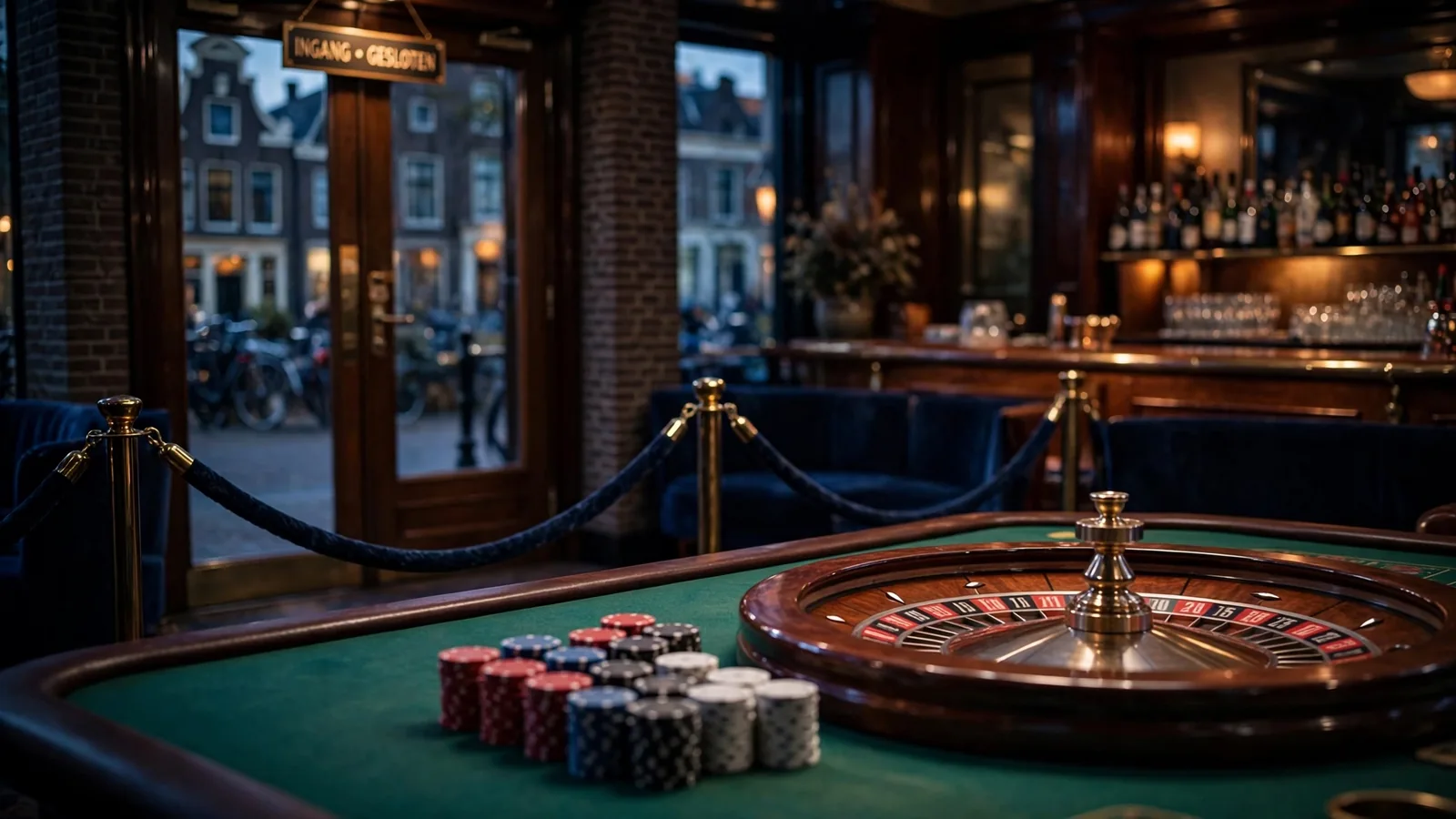 Sfeerbeeld van een gesloten casino-entree met roulettewiel en fiches