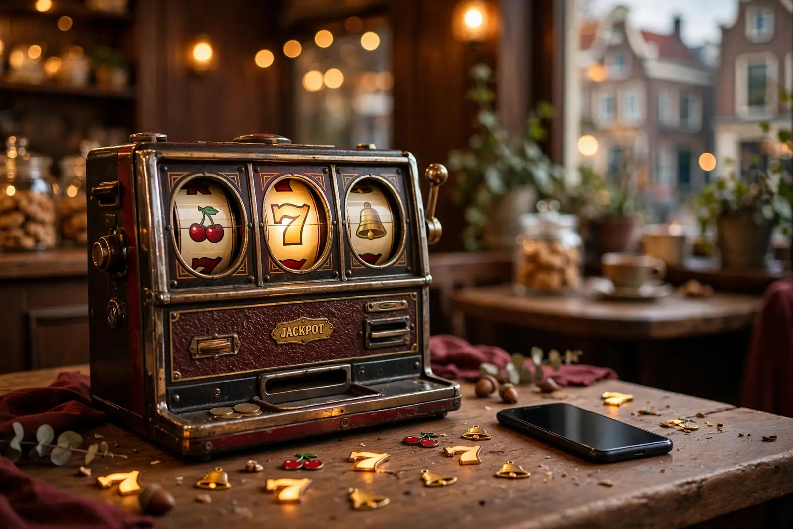 Klassieke gokkast met drie rollen op een houten tafel