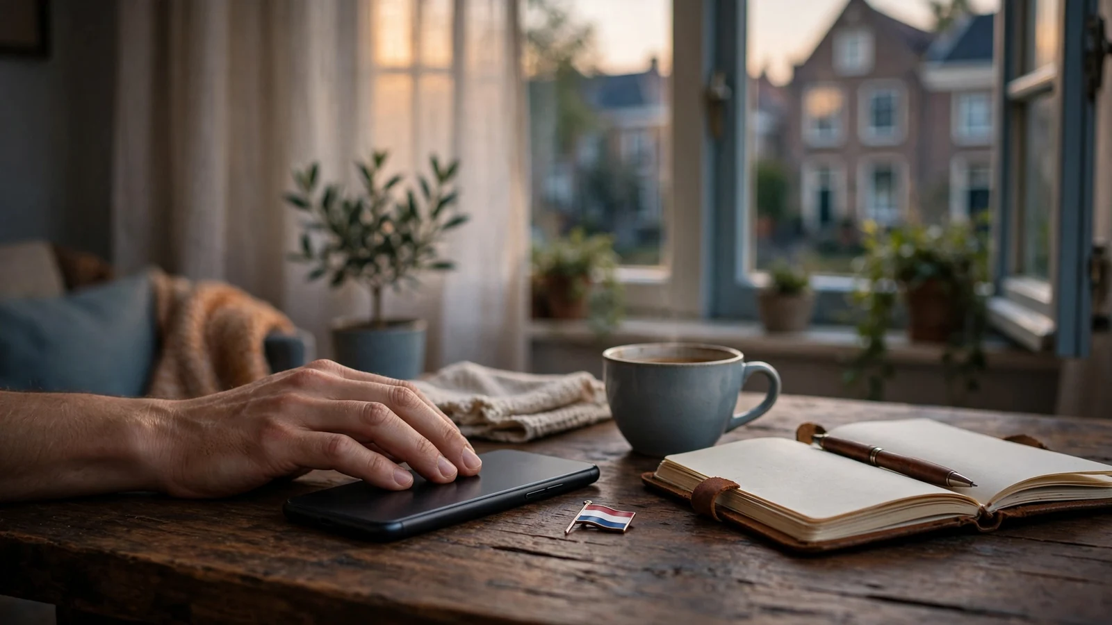 Smartphone met scherm naar beneden op een tafel in een Nederlands interieur.