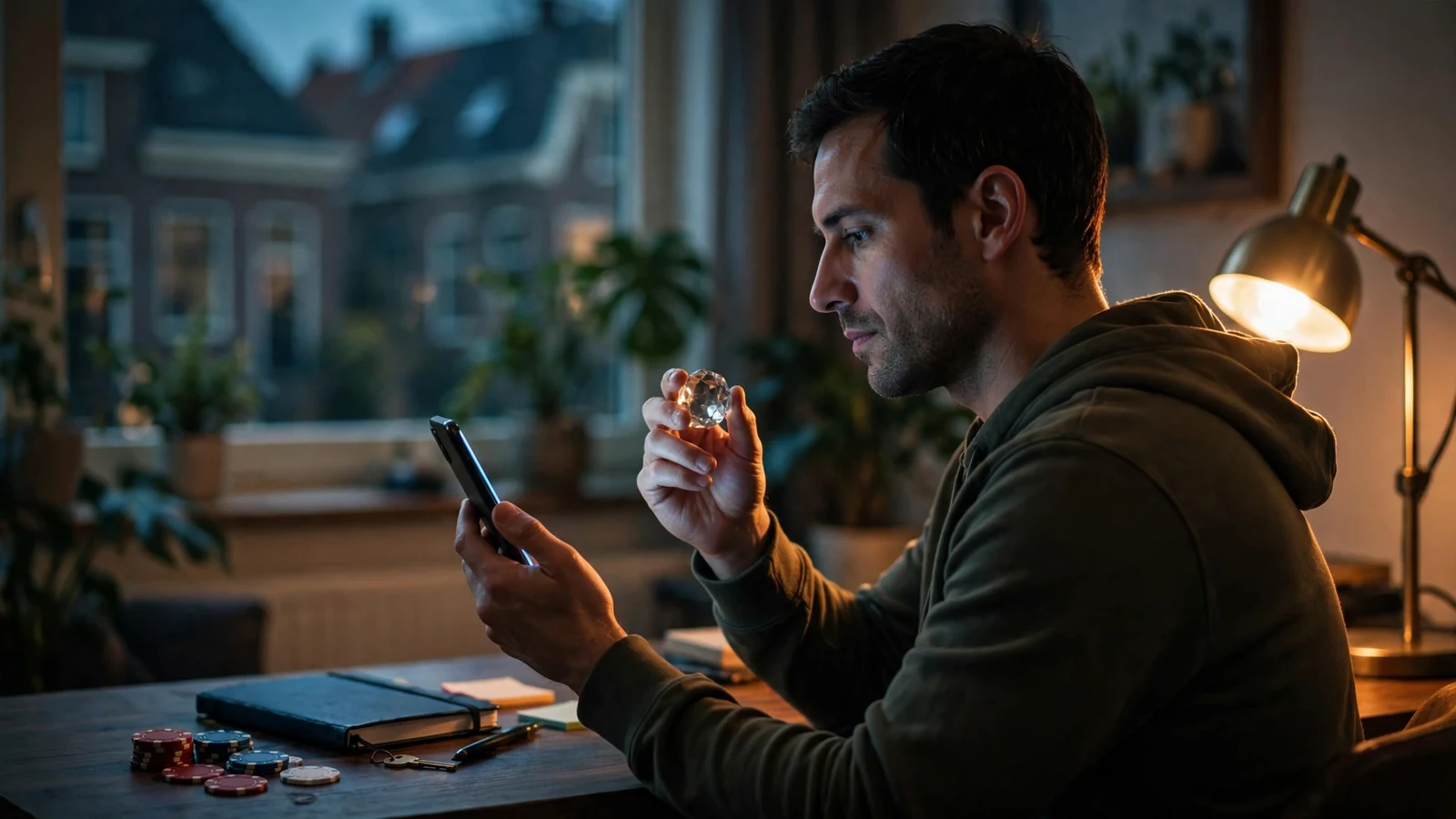 Spelende volwassene bekijkt een nieuwe gokkast in een sfeervol Nederlands interieur