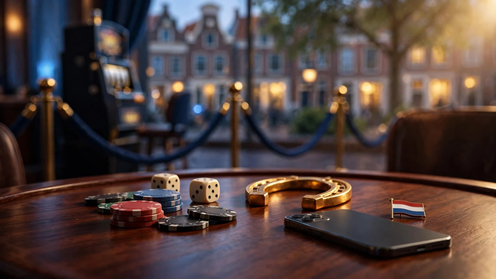 Sfeervol tafereel met casinochips, hoefijzer en telefoon op tafel