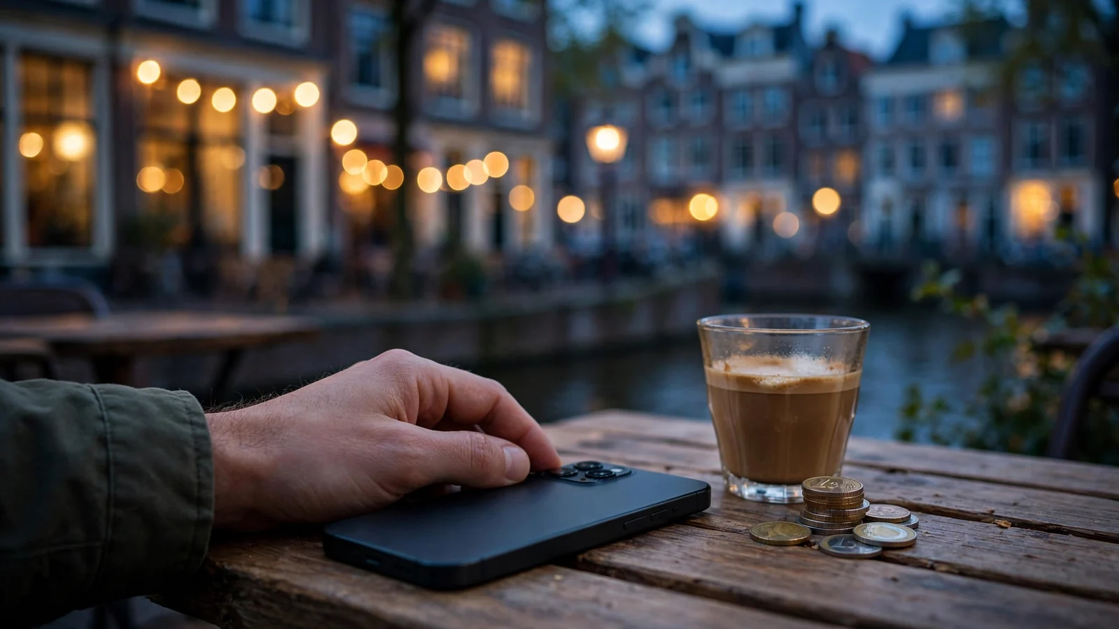 Smartphone op tafel met euromunten in een Nederlands café