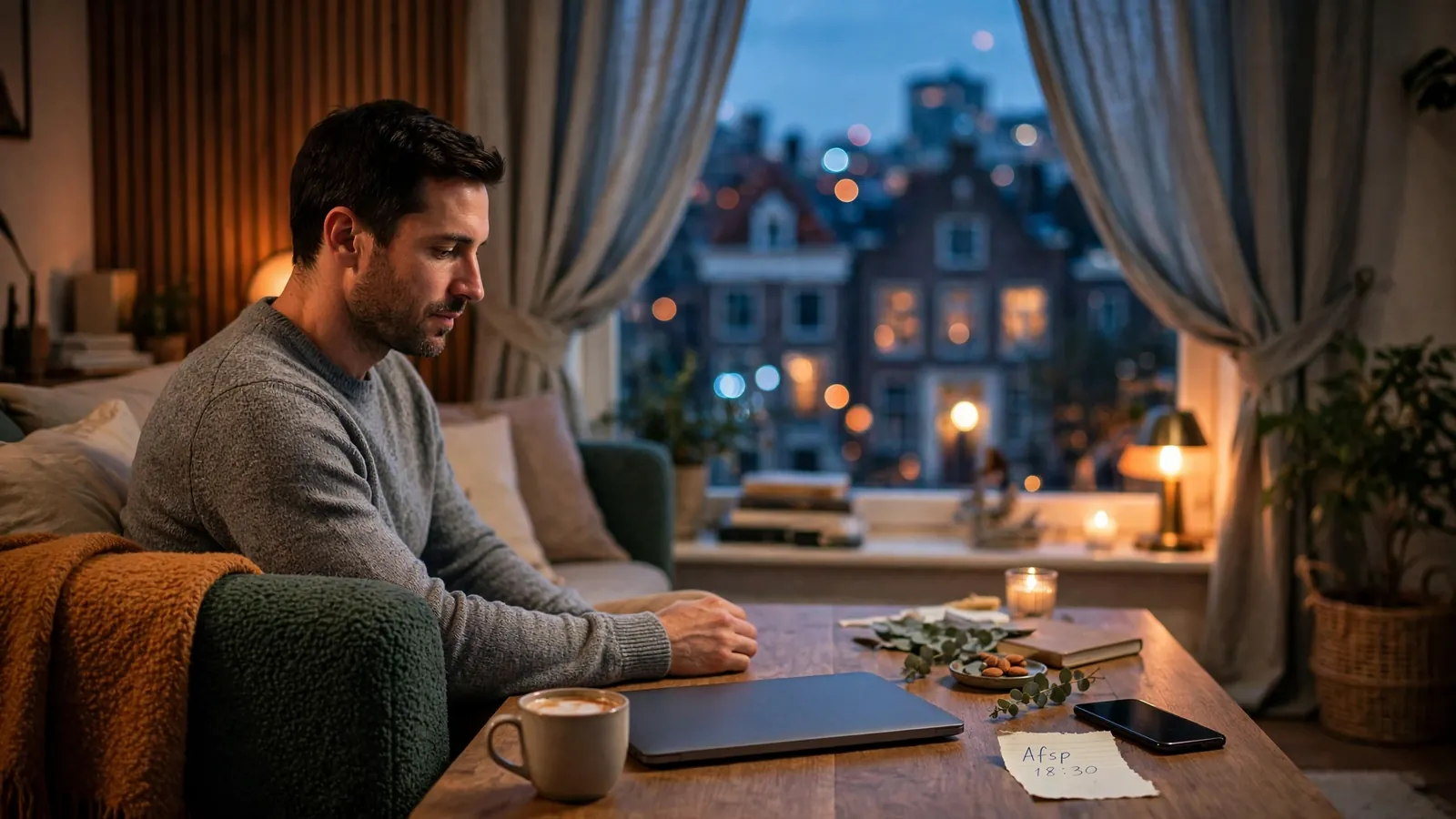 Persoon op de bank met laptop en een bonnetje met een bonuscode