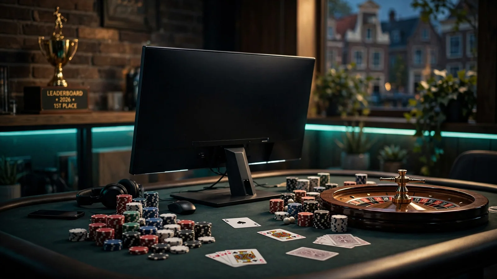 Online casino toernooi scène met fiches, roulette en trofee