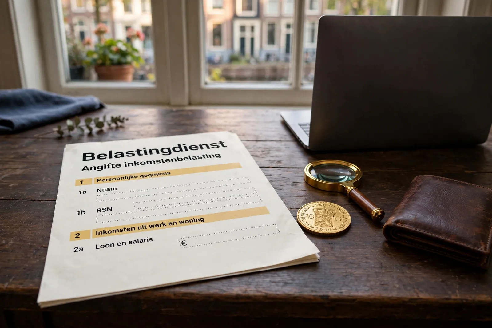 Bureau met belastingformulier, gouden token en dichtgeklapte laptop