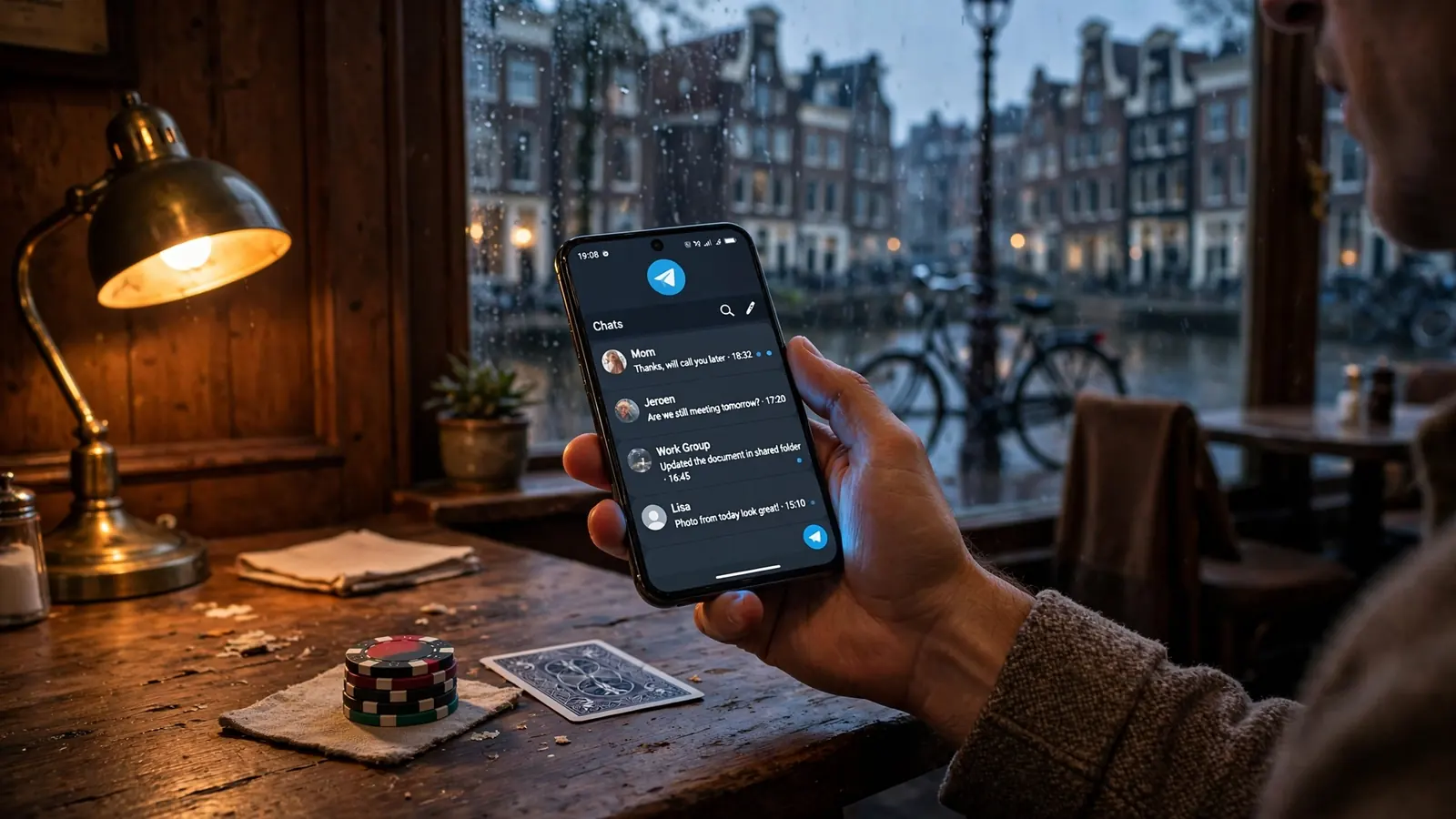 Smartphone met Telegram-app op tafel in Amsterdams bruin café met casinochips en speelkaart ernaast