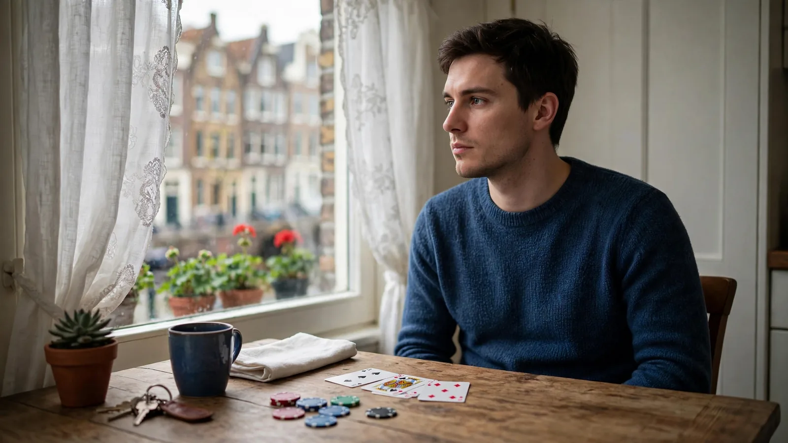 Nederlandse man bekijkt casinofiches nadenkend aan tafel