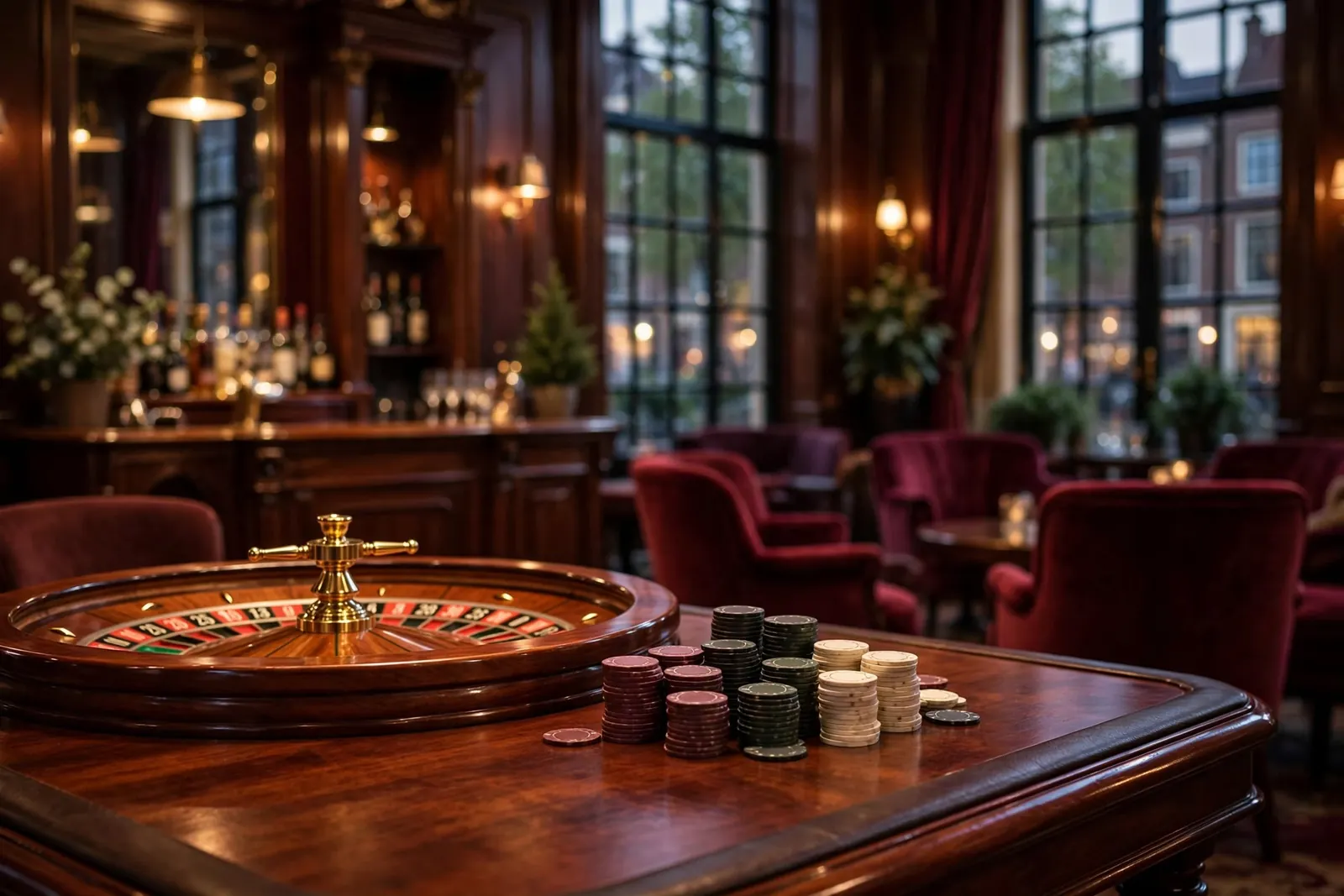 Elegante VIP-casinolounge met roulettewiel en fiches in Nederlandse stijl