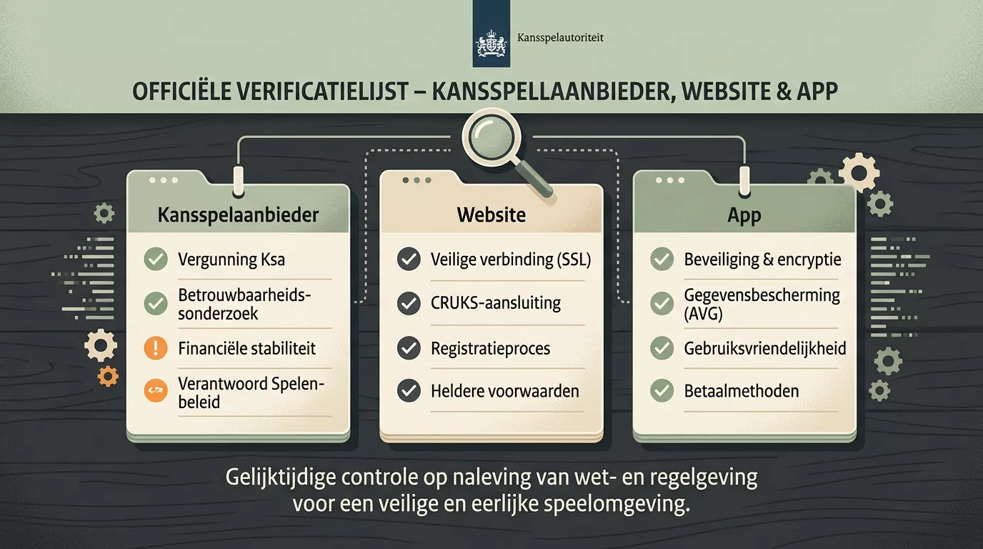 Checklist met aanbieder, website en app naast een officiële controlemarkering