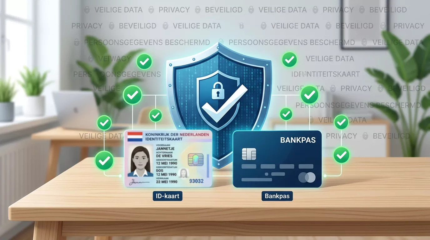 Bureaublad met identiteitsdocument, bankkaart en privacycheck zonder herkenbare gegevens