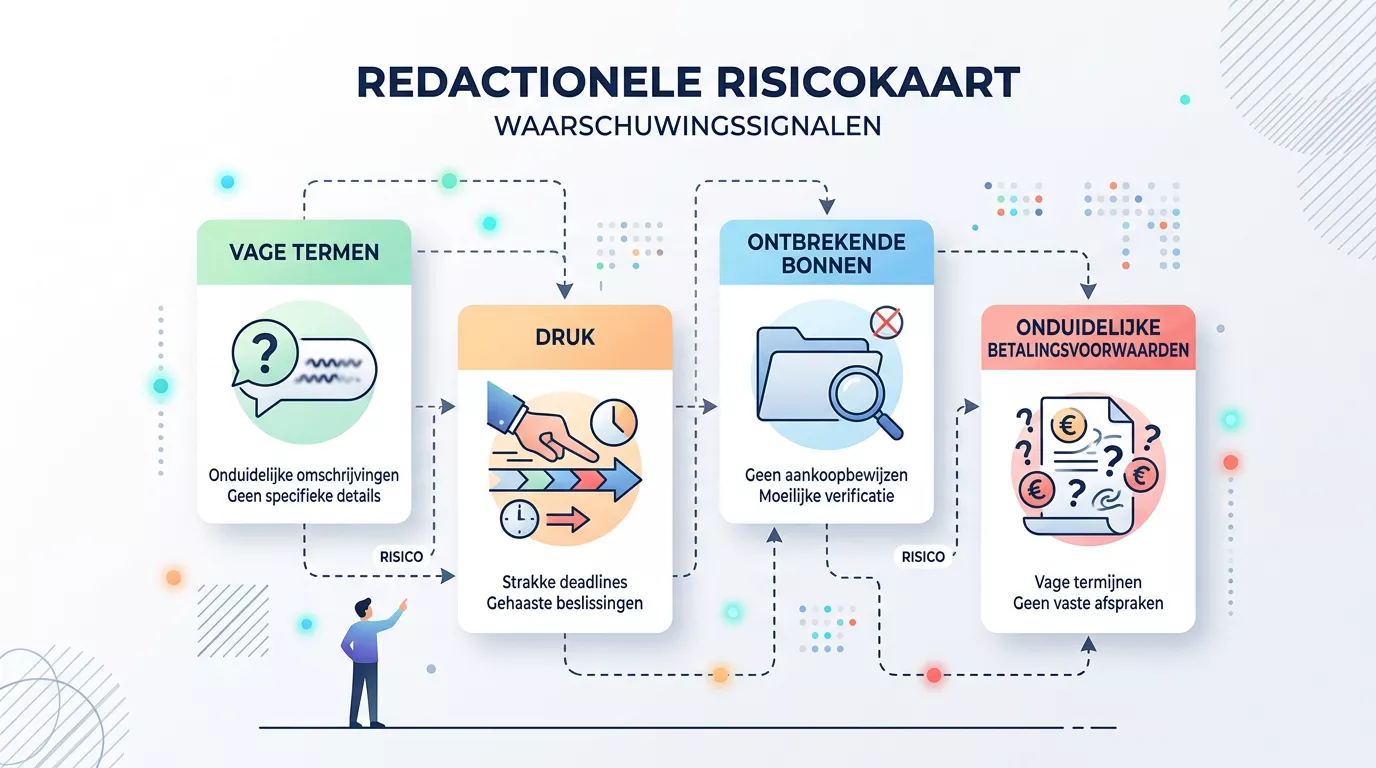 Kaart met waarschuwingssignalen zoals vage voorwaarden, druk en ontbrekende controle